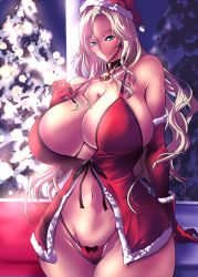 Rule 34 | 1girl, aqua eyes, bare shoulders, bell, neck bell, blonde hair, breasts, christmas, christmas tree, cleavage, collar, curvy, elbow gloves, gloves, huge breasts, long hair, looking at viewer, navel, original, red gloves, santa costume, smile, solo, umino mokuzu (a4 size), wide hips