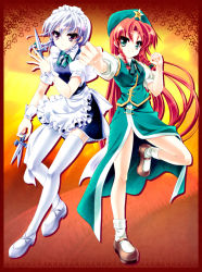 Rule 34 | 2girls, bad id, bad pixiv id, braid, china dress, chinese clothes, dress, embodiment of scarlet devil, female focus, full body, gradient background, green eyes, hong meiling, izayoi sakuya, knife, long hair, maid, multiple girls, red hair, short hair, silver hair, skirt, teruui, thighhighs, throwing knife, touhou, twin braids, weapon, white legwear