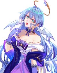 Rule 34 | 1girl, :d, bare shoulders, bead bracelet, beads, blue hair, bow, bracelet, breasts, bright pupils, cleavage, commentary, dress, gloves, green eyes, head wings, honkai: star rail, honkai (series), jewelry, long hair, looking at viewer, medium breasts, off-shoulder dress, off shoulder, official alternate costume, open mouth, purple bow, purple dress, purple gloves, robin (honkai: star rail), shawl, short sleeves, simple background, smile, solo, two-tone dress, upper body, very long hair, white background, white dress, wings, zeth (907jj980)