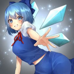 Rule 34 | 1girl, bad id, bad pixiv id, blue bow, blue eyes, blue hair, blue skirt, blue vest, blush, bow, breasts, cirno, collared shirt, grin, hair between eyes, hair bow, highres, ice, ice wings, leaning forward, midriff peek, neck ribbon, outstretched arm, red ribbon, ribbon, shirt, skirt, small breasts, smile, solo, touhou, v-shaped eyebrows, vest, wings, yayoi maka