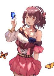 Rule 34 | 1girl, :d, asymmetrical sleeves, bare shoulders, breasts, brown hair, bug, butterfly, cleavage, collarbone, cowboy shot, earrings, hand up, headdress, highres, bug, jewelry, looking at viewer, medium breasts, miniskirt, mosta (lo1777789), off shoulder, open mouth, orange eyes, original, pink skirt, shirt, short hair, sidelocks, simple background, skirt, smile, solo, standing, uneven sleeves, white background, white shirt