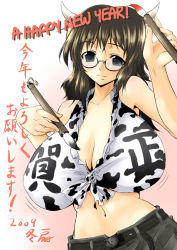 Rule 34 | 00s, 1girl, 2009, animal print, blush, breasts, brown hair, calligraphy brush, cleavage, cow print, front-tie top, glasses, green eyes, horns, huge breasts, long hair, midriff, new year, original, paintbrush, smile, solo, tousen