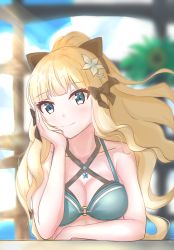 Rule 34 | 1girl, aqua bikini, bikini, black bow, blonde hair, blue eyes, blush, bow, breasts, commentary request, elf, flower, hair bow, hair flower, hair ornament, highres, large breasts, layered bikini, long hair, looking at viewer, muginon5, pointy ears, ponytail, princess connect!, saren (princess connect!), saren (summer) (princess connect!), smile, solo, split mouth, swimsuit