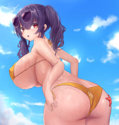 Rule 34 | 1girl, artist request, ass, azur lane, bare shoulders, bikini, blush, breasts, butt crack, from behind, highres, huge ass, huge breasts, leaning, leaning forward, long hair, looking at viewer, looking back, official alternate costume, open mouth, pola (azur lane), pola (seaside coincidence) (azur lane), purple hair, red eyes, shiny skin, side-tie bikini bottom, sideboob, solo, starfish, string bikini, sunglasses, sunglasses on head, swimsuit, twintails, wet, wet hair, yellow bikini