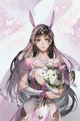 Rule 34 | 1girl, absurdres, animal ears, bo yikou da yuanzi, bouquet, brown hair, bug, butterfly, douluo dalu, dress, flower, glowing butterfly, highres, insect, long hair, looking at viewer, open mouth, pink dress, rabbit ears, smile, solo, teeth, upper body, upper teeth only, veil, white flower, xiao wu (douluo dalu)