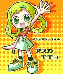 Rule 34 | 1girl, :d, arm up, asuka momoko, blonde hair, blush, character name, chibi, copyright name, full body, green eyes, hair ornament, hair rings, hairclip, halftone, halftone background, looking at viewer, ojamajo doremi, open mouth, smile, solo, standing