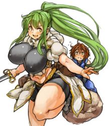 Rule 34 | &gt;:d, 1boy, 1girl, :d, bike shorts, blush, breasts, brown hair, covered erect nipples, gigantic breasts, green hair, high ponytail, holding, holding sword, holding weapon, leg up, long hair, open mouth, original, perky breasts, sachito, shiny clothes, short hair, sidelocks, simple background, smile, sumi-chan (sachito), sword, thick thighs, thighs, v-shaped eyebrows, very long hair, weapon, white background, yellow eyes