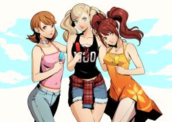 Rule 34 | 3girls, black tank top, blonde hair, blue eyes, blue pants, blue shorts, breasts, brown eyes, brown hair, choker, cleavage, clothes around waist, collarbone, commentary, denim, denim shorts, dress, earrings, eightyfourart, english commentary, eyewear hang, female focus, food, highres, in-franchise crossover, jeans, jewelry, kujikawa rise, long hair, looking at viewer, medium breasts, multiple girls, necklace, orange dress, pants, parted lips, persona, persona 3, persona 4, persona 5, pink lips, pink tank top, popsicle, shirt, shirt around waist, short hair, short shorts, shorts, small breasts, stud earrings, takamaki anne, takeba yukari, tank top, trait connection, twintails, unworn eyewear, wavy hair
