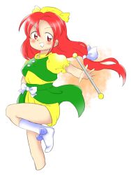 Rule 34 | 1girl, :d, baton, blue bow, bow, bow legwear, green vest, hair ribbon, hat, leg up, long hair, low-tied long hair, nonamejd, official style, open mouth, orange (touhou), puffy short sleeves, puffy sleeves, red eyes, red hair, ribbon, shirt, short sleeves, shorts, smile, socks, solo, touhou, touhou (pc-98), vest, white ribbon, white socks, yellow hat, yellow shirt, yellow shorts, zun (style)