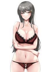 Rule 34 | 1girl, absurdres, bra, breasts, brown eyes, collarbone, cowboy shot, grey hair, hair ornament, hairband, hairclip, haruna (kancolle), highres, kantai collection, large breasts, long hair, looking to the side, navel, panties, red bra, red panties, simple background, sing152, solo, standing, underwear, underwear only, white background