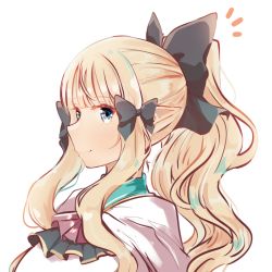 Rule 34 | 1girl, blonde hair, blue eyes, blunt bangs, bow, elf, from side, hair bow, highres, keinesandayoooo, long hair, looking at viewer, pointy ears, ponytail, saren (princess connect!), simple background, smile, solo, split mouth, white background
