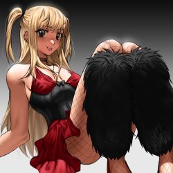 Rule 34 | 1girl, absurdres, amane misa, bare shoulders, black eyes, blonde hair, breasts, choker, death note, fishnets, highres, knees up, long hair, medium breasts, ryofux, side ponytail, solo, tongue, tongue out