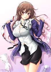 Rule 34 | 1girl, ashigara (kancolle), ashigara kai ni (kancolle), belt, boots, unworn boots, bra visible through clothes, breasts, brown eyes, brown hair, bursting breasts, cleavage, fake horns, gloves, unworn gloves, hairband, highres, horned headwear, horns, ishihara masumi, jacket, kantai collection, large breasts, long hair, looking at viewer, miniskirt, nail polish, no legwear, open clothes, open jacket, pantyhose, parted lips, pencil skirt, shadow, skirt, smile, solo, twitter username, uniform, wavy hair, white gloves
