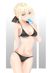 Rule 34 | 1girl, arm behind back, artoria pendragon (all), artoria pendragon (fate), bikini, black bikini, black bow, blonde hair, bow, braid, breasts, cleavage, collarbone, cowboy shot, crown braid, fate/stay night, fate (series), food, gluteal fold, hair between eyes, hair bow, highres, holding, holding food, looking at viewer, medium breasts, navel, popsicle, saber alter, short hair, sideboob, solo, standing, swimsuit, thigh gap, underboob, user vjpu3345, white background, yellow eyes