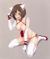 Rule 34 | 10s, 1girl, absurdres, animal ears, bell, blush, breasts, brown hair, cat ears, clothing aside, commentary request, criss-cross halter, cum, cum on body, cum on breasts, cum on upper body, elbow gloves, fang, full body, gloves, green eyes, halterneck, halterneck, highres, idolmaster, idolmaster cinderella girls, lingerie, looking at viewer, maekawa miku, navel, nipples, oku (okumen), open mouth, panties, panties aside, ribbon, short hair, simple background, sitting, solo, thighhighs, underwear, wariza, white gloves, white thighhighs