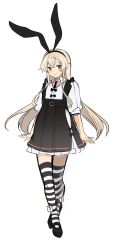 Rule 34 | 1girl, absurdres, alternate costume, black dress, black hairband, blonde hair, commentary request, dress, frilled dress, frills, full body, grey eyes, hairband, highres, kantai collection, long hair, looking at viewer, shimakaze (kancolle), shirt, simple background, solo, striped clothes, striped thighhighs, thighhighs, white background, white shirt, yunamaro