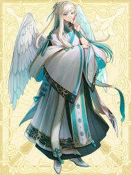 Rule 34 | 1boy, androgynous, angel wings, aqua hair, aqua ribbon, blonde hair, boots, branch, chain paradox, chinese clothes, closed mouth, coat, colored inner hair, cross-laced footwear, flower, green eyes, green robe, hair ribbon, half updo, hand on own elbow, hanfu, highres, holding, holding branch, holding flower, lace-up boots, long hair, long sleeves, multicolored hair, nogawaina, open clothes, open coat, patterned clothing, pelvic curtain, pink flower, ribbon, robe, shawl, shirt, short ponytail, single sidelock, smile, standing, swept bangs, tassel, white coat, white footwear, white robe, white shawl, white shirt, white wings, wide sleeves, wings, wrist cuffs, yellow background