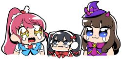Rule 34 | 3:, 3girls, :3, bkub, black hair, blue eyes, bow, brown hair, chibi, closed mouth, cropped torso, crying, crying with eyes open, demon horns, fang, frown, gaaruru (pripara), hair bow, hat, headphones, horns, idol clothes, kurosu aroma, long hair, looking at another, mini hat, mini witch hat, multiple girls, open mouth, ponytail, pretty series, pripara, purple horns, red bow, red hair, shiratama mikan, sidelocks, simple background, smile, tears, twintails, upper body, white background, witch hat, yellow eyes