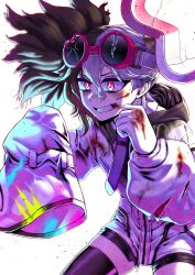 Rule 34 | 1girl, blood, blood on clothes, blood on face, brown hair, clenched hand, clenched teeth, duel monster, fighting stance, goggles, goggles on head, highres, pink eyes, shorts, single thighhigh, sleeves past fingers, sleeves past wrists, solo, teeth, thighhighs, vanquish soul dr. mad love, white hair, yu-gi-oh!, zidai okuraven