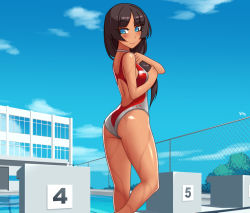 Rule 34 | 1girl, ass, back cutout, black hair, blue eyes, blush, clothing cutout, competition swimsuit, day, kuroonehalf, long hair, looking at viewer, looking back, one-piece swimsuit, pool, school, smile, solo, summer, swimsuit, wet