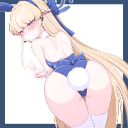 Rule 34 | 1girl, anal, anal tail, animal ears, ass, ass focus, blonde hair, blue archive, blue bow, blue eyes, blue hairband, blue leotard, blush, bow, braid, butt plug, commentary request, detached collar, earpiece, earrings, embarrassed, fake animal ears, fake tail, hairband, halo, headset, highleg, highleg leotard, jewelry, leotard, long hair, official alternate costume, playboy bunny, rabbit ears, rabbit tail, solo, stonewill, strapless, strapless leotard, stud earrings, sweat, tail, thigh gap, thighhighs, toki (blue archive), toki (bunny) (blue archive), two-tone background, v, very long hair, white background, white thighhighs, white wrist cuffs, wrist cuffs