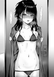 Rule 34 | 1girl, absurdres, bikini, bikini under clothes, black hair, blurry, blurry background, blush, breasts, breasts apart, coat, collarbone, commentary request, depth of field, doorway, ear blush, embarrassed, full-face blush, greyscale, groin, halloween, highres, holding, holding clothes, holding coat, horns, idolmaster, idolmaster shiny colors, kakeru (fujiwara kakeru), kazano hiori, long coat, long hair, midriff, mole, mole under mouth, monochrome, navel, oni horns, open clothes, open coat, ponytail, ringed eyes, round teeth, small breasts, solo, speech bubble, steam, sweatdrop, swimsuit, teeth, trench coat