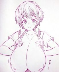 Rule 34 | 1girl, breasts, closed mouth, collarbone, commentary request, highres, huge breasts, idolmaster, idolmaster cinderella girls, implied paizuri, inverted nipples, looking at viewer, monochrome, oikawa shizuku, short hair, short sleeves, simple background, smile, solo, traditional media, translation request, tsukareta san, upper body