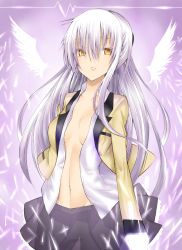 Rule 34 | 10s, 1girl, angel beats!, bad id, bad pixiv id, breasts, brown eyes, cleavage, daive, highres, long hair, open clothes, open shirt, school uniform, shirt, skirt, small breasts, solo, tenshi (angel beats!), white hair, winga, wings