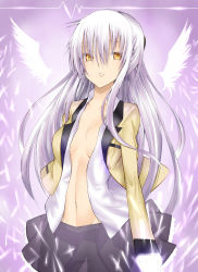 10s 1girl angel_beats! bad_id bad_pixiv_id breasts brown_eyes cleavage daive female_focus highres long_hair open_clothes open_shirt school_uniform shirt skirt small_breasts solo tenshi_(angel_beats!) white_hair winga wings