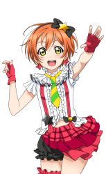 Rule 34 | 1girl, artist request, blush, bokura wa ima no naka de, bow, breasts, earrings, fingerless gloves, frills, gloves, hair bow, hairband, hoshizora rin, jewelry, looking at viewer, love live!, love live! school idol festival, love live! school idol festival after school activity, love live! school idol project, navel, necktie, official art, open mouth, orange hair, short hair, shorts, small breasts, smile, solo, star (symbol), striped necktie, striped neckwear, suspenders, teeth, transparent background, yellow eyes