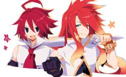 Rule 34 | 2boys, adell (disgaea), ahoge, black gloves, blue eyes, disgaea, gloves, hair between eyes, high collar, highres, holding, holding sword, holding weapon, kasumi koujou, long hair, luke fon fabre, makai senki disgaea 2, male focus, multiple boys, open mouth, red hair, smile, star (symbol), sword, tales of (series), tales of the abyss, weapon, white background