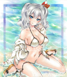 Rule 34 | 10s, 1girl, artist name, at classics, bikini, blue eyes, blush, breasts, cleavage, closed mouth, covered erect nipples, groin, kantai collection, kashima (kancolle), kneeling, large breasts, long sleeves, looking at viewer, medium breasts, navel, official art, sample watermark, silver hair, sitting, smile, solo, stomach, swimsuit, traditional media, twintails, untied bikini, wariza, water, watermark