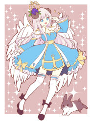 Rule 34 | 1girl, :d, absurdres, animal, black footwear, blue dress, blue eyes, blue flower, breasts, brown background, cleavage, crown, curled horns, dress, feathered wings, flower, frilled sleeves, frilled thighhighs, frills, grey hair, hair flower, hair ornament, hand up, high priest (ragnarok online), highres, horns, light (luxiao deng), long hair, long sleeves, medium breasts, mini crown, open mouth, rabbit, ragnarok online, shoes, sleeves past wrists, smile, solo, sparkle background, thighhighs, tilted headwear, two-tone background, v over eye, very long hair, white background, white wings, wide sleeves, wings