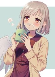 Rule 34 | 1girl, blue background, blush, bow, bowtie, brown jacket, cloud, coffee mug, commentary request, cup, fake facial hair, fake mustache, foam, holding, holding cup, jacket, kishin sagume, long sleeves, looking at viewer, mug, open clothes, open jacket, purple shirt, red bow, red bowtie, red eyes, shirt, short hair, silver hair, simple background, single wing, smile, solo, touhou, touya (konpekitou), upper body, white wings, wings