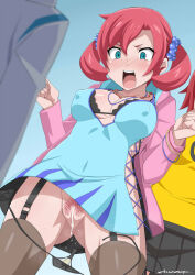 Rule 34 | 1girl, aiba ami, bar censor, censored, chicago-x, digimon, digimon story: cyber sleuth, female pubic hair, hair ornament, hairpin, jacket, jewelry, long hair, necklace, pubic hair, pussy, sanada arata, see-through, see-through thighhighs, shiramine nokia, thighhighs, twintails, wardrobe malfunction
