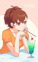 Rule 34 | 1girl, absurdres, brown hair, commentary request, copyright name, cream soda, cup, drinking straw, drinking straw in mouth, eyelashes, glass, highres, persona, persona 3, persona 3 portable, red eyes, shiomi kotone, short hair, sitting, solo, table, yokaroni