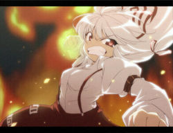Rule 34 | 1girl, angry, anime coloring, bow, clenched hand, clenched hands, clenched teeth, dark, female focus, fighting stance, fire, flaming hand, foreshortening, fujiwara no mokou, hair bow, hair ribbon, leaning back, letterboxed, long sleeves, lowres, orange theme, pants, punching, red eyes, ribbon, scowl, shirt, silver hair, slit pupils, snarl, solo, suspenders, teeth, touhou, touya (the-moon), white shirt