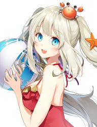 Rule 34 | 1girl, ball, beachball, blue eyes, blush, breasts, crab, crab on head, fate/grand order, fate (series), grey hair, hair ornament, holding, holding ball, large breasts, long hair, looking at viewer, marie antoinette (fate), marie antoinette (swimsuit caster) (first ascension) (fate), parted lips, sideboob, smile, solo, starfish, starfish hair ornament, twintails, yuzuki kihiro