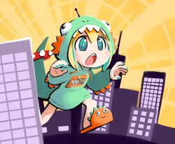 Rule 34 | 1girl, amano pikamee, angry, blonde hair, building, city, commentary, english commentary, giant, green eyes, green hair, green nails, highres, hood, hoodie, medium hair, multicolored hair, notepaddy, open mouth, outdoors, paw pose, sharp teeth, skyscraper, slippers, solo, tail, teeth, upper teeth only, virtual youtuber, voms, walking