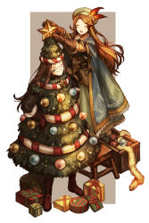 Rule 34 | 1boy, 1girl, :d, ^ ^, blush, border, box, brown footwear, brown gloves, brown hair, character request, christmas ornaments, christmas tree, closed eyes, closed mouth, crate, facial mark, full body, gift, gift box, gloves, granblue fantasy, green hat, hat, hat feather, highres, long hair, open mouth, outside border, outstretched arms, smile, smug, standing, star (symbol), stool, tinsel, v-shaped eyebrows, very long hair, walder, zinnkousai3850