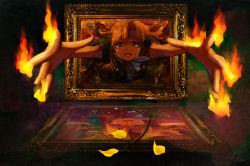 Rule 34 | 1girl, bad id, bad pixiv id, blonde hair, blue eyes, different reflection, fire, flower, ib (kouri), long hair, mary (ib), outstretched arms, painting (object), petals, reflection, rose, smile, solo, spoilers, tears, uchi-asa, yellow flower, yellow rose