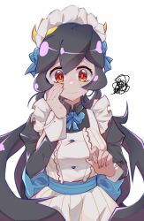 Rule 34 | 1girl, alternate costume, apron, black hair, blush, chichi fire, facing viewer, filia (skullgirls), frilled apron, frills, hand on own cheek, hand on own face, highres, juliet sleeves, long hair, long sleeves, maid, maid apron, puffy sleeves, red eyes, skullgirls, solo, sweat, upper body, white background