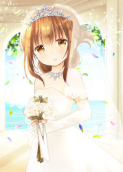 Rule 34 | 1girl, bouquet, bridal veil, bride, brown eyes, brown hair, commentary request, cowboy shot, dress, elbow gloves, flower, folded ponytail, gloves, holding, holding bouquet, inazuma (kancolle), kantai collection, long hair, looking at viewer, narita rumi, solo, standing, strapless, strapless dress, tiara, veil, wedding dress, white dress, white gloves