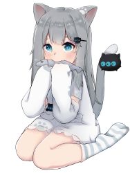 Rule 34 | 1girl, absurdres, animal, animal ear fluff, animal ears, blue eyes, blush, cat ears, cat girl, cat tail, dress, eating, eyebrows hidden by hair, fang, fish, full body, grey hair, hair ornament, hairclip, hands up, highres, holding, holding animal, holding fish, indie virtual youtuber, long hair, long sleeves, miaoema, nachoneko, no shoes, simple background, sitting, sleeves past fingers, sleeves past wrists, socks, soles, solo, striped clothes, striped socks, tail, tail raised, very long hair, virtual youtuber, wariza, white background, white dress, x x
