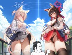 Rule 34 | 1boy, 2girls, absurdres, akira (blue archive), animal collar, animal ear fluff, animal ears, doodle sensei (blue archive), bag, black bra, black hair, black panties, black skirt, black thighhighs, blue archive, blush, bra, breasts, buttons, cameltoe, cat ears, cat tail, cleavage, cleft of venus, clothes lift, cloud, cloudy sky, collar, collared shirt, colored inner hair, cowboy shot, day, fox ears, fox tail, grey halo, grin, hair between eyes, halo, highres, large breasts, lifting own clothes, long hair, long sleeves, multicolored hair, multiple girls, open mouth, outdoors, panties, pleated skirt, pussy juice, pussy juice trail, red eyes, red hair, red halo, red skirt, school bag, sensei (blue archive), shirt, skirt, skirt lift, sky, smile, tail, thighhighs, tun chicken, underwear, wakamo (blue archive), white bra, white hair, white panties, white shirt, white thighhighs, yellow eyes