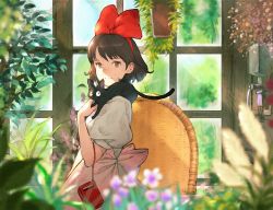 Rule 34 | 1girl, animal, animal on shoulder, apron, black cat, blurry, bob cut, bow, brown eyes, brown hair, cat, cat on shoulder, cat teaser, chair, closed mouth, commentary request, depth of field, dress, flower, from side, hair bow, hairband, hanging plant, herb bundle, highres, indoors, jiji (majo no takkyuubin), kiki (majo no takkyuubin), kuroimori, looking at viewer, looking to the side, machinery, majo no takkyuubin, pink apron, plant, potted plant, puffy short sleeves, puffy sleeves, red bow, short hair, short sleeves, smile, swept bangs, table, tablecloth, white dress, window