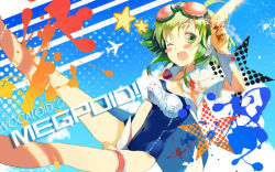 Rule 34 | 1girl, breasts, female focus, goggles, gradient background, green eyes, green hair, gumi, gun, halftone, halftone background, headphones, matching hair/eyes, nmse12, one-piece swimsuit, school swimsuit, short hair, smile, solo, swimsuit, vocaloid, weapon, wrist cuffs