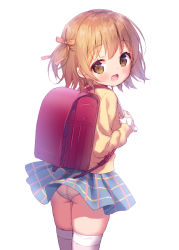 Rule 34 | 1girl, :d, ass, backpack, bag, blue skirt, blush, bow, brown bow, brown eyes, brown hair, chitosezaka suzu, commentary request, hair bow, holding strap, long sleeves, looking at viewer, looking back, open mouth, original, panties, pleated skirt, randoseru, shirt, simple background, skirt, sleeves past wrists, smile, solo, thighhighs, two side up, underwear, white background, white panties, white thighhighs, yellow shirt
