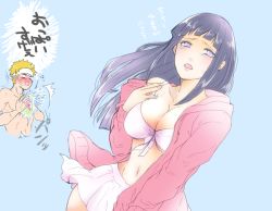 Rule 34 | 1boy, 1girl, bikini, blush, breasts, cleavage, curvy, grey eyes, hime cut, hood, hoodie, hyuuga hinata, large breasts, long hair, naruto: the last, naruto (series), navel, open clothes, open mouth, oretto (ring), purple hair, simple background, swimsuit, translated, uzumaki naruto, wide hips