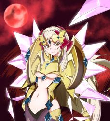 Rule 34 | 10s, 1girl, arm at side, armor, blonde hair, breastplate, breasts, center opening, closed mouth, cowboy shot, crystal, fine (symphogear), forehead jewel, full moon, headgear, highres, hime cut, kokonotu616, long hair, looking at viewer, medium breasts, moon, navel, pantyhose, parted bangs, pauldrons, red background, red moon, senki zesshou symphogear, shoulder armor, shoulder spikes, sidelocks, smile, solo, spikes, stomach, underboob, vambraces, very long hair, whip, yellow eyes